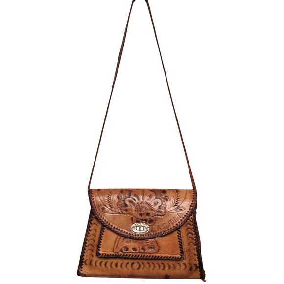 Vintage Leather HandTooled Large Floral Motif Shoulder Bag - Picture 3 of 7